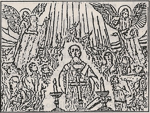 Anjos retirando almas do purgatório libertadas por sufrágio da Santa Missa.